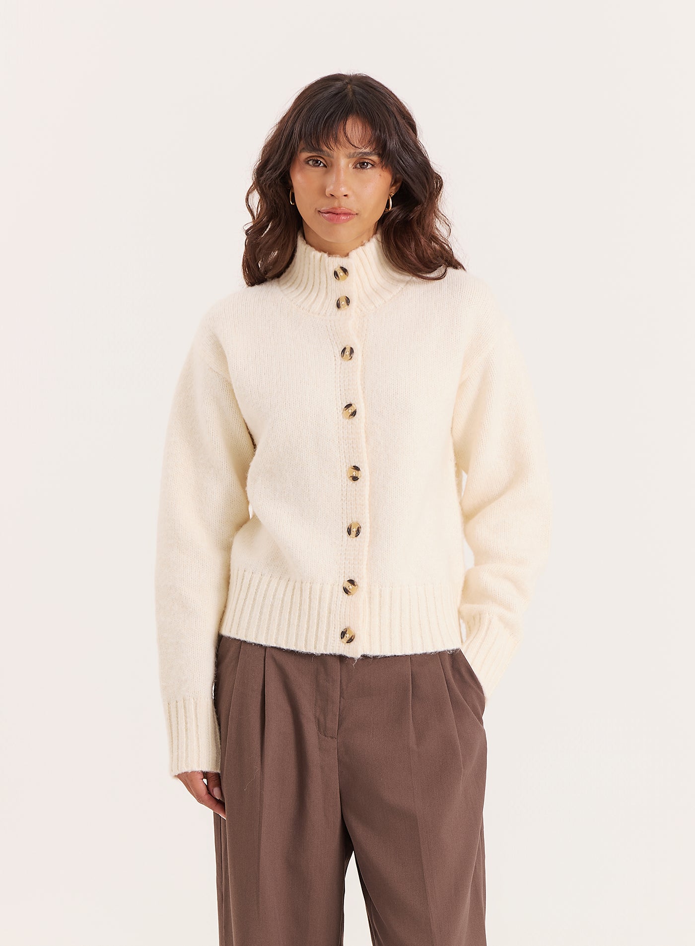 Cream Knitted Ribbed Cuff Button Down Cardigan